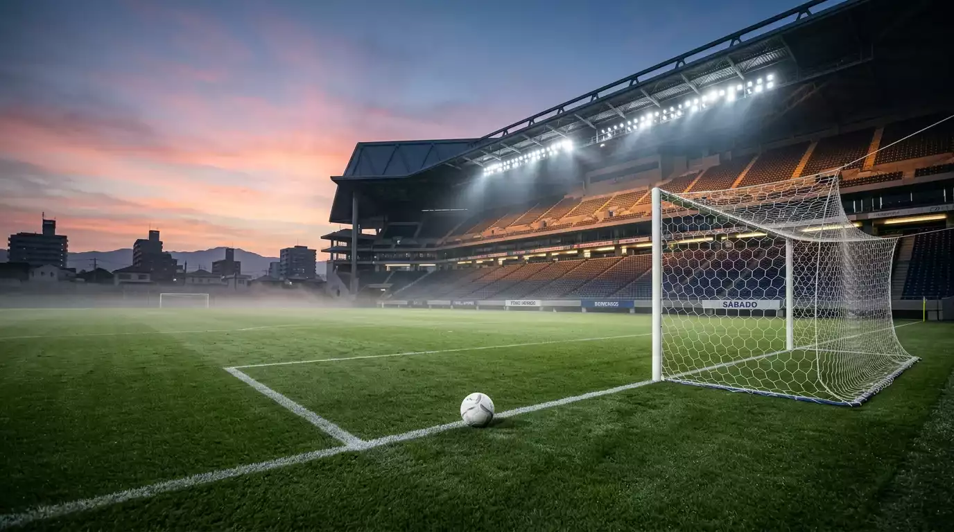 Estadio japonés de la J.League iluminado al amanecer antes de un partido de fin de semana