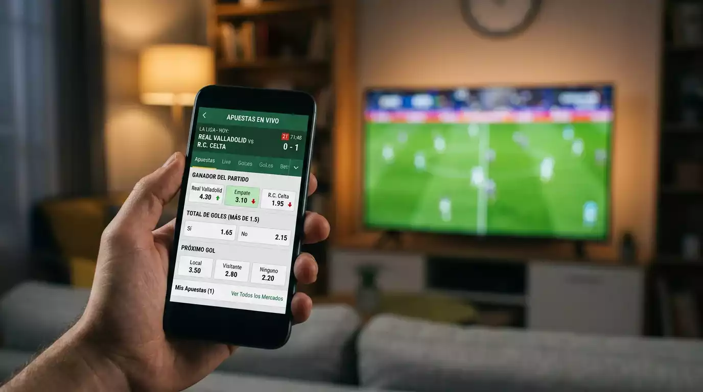 Pantalla de teléfono móvil mostrando cuotas en vivo de un partido de fútbol durante la transmisión