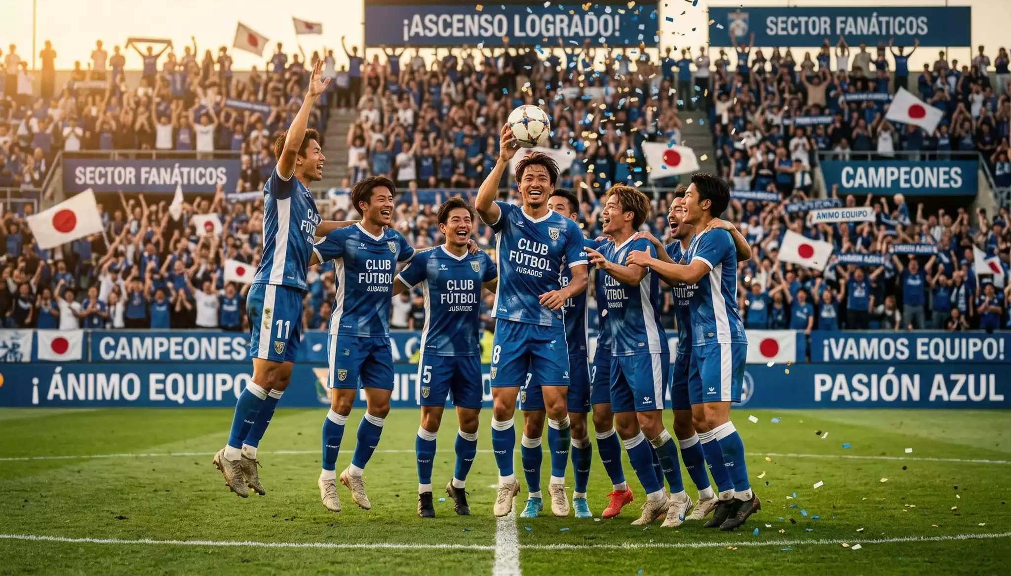 Futbolistas con uniforme de fútbol celebrando el ascenso sobre el césped del estadio rodeados de aficionados