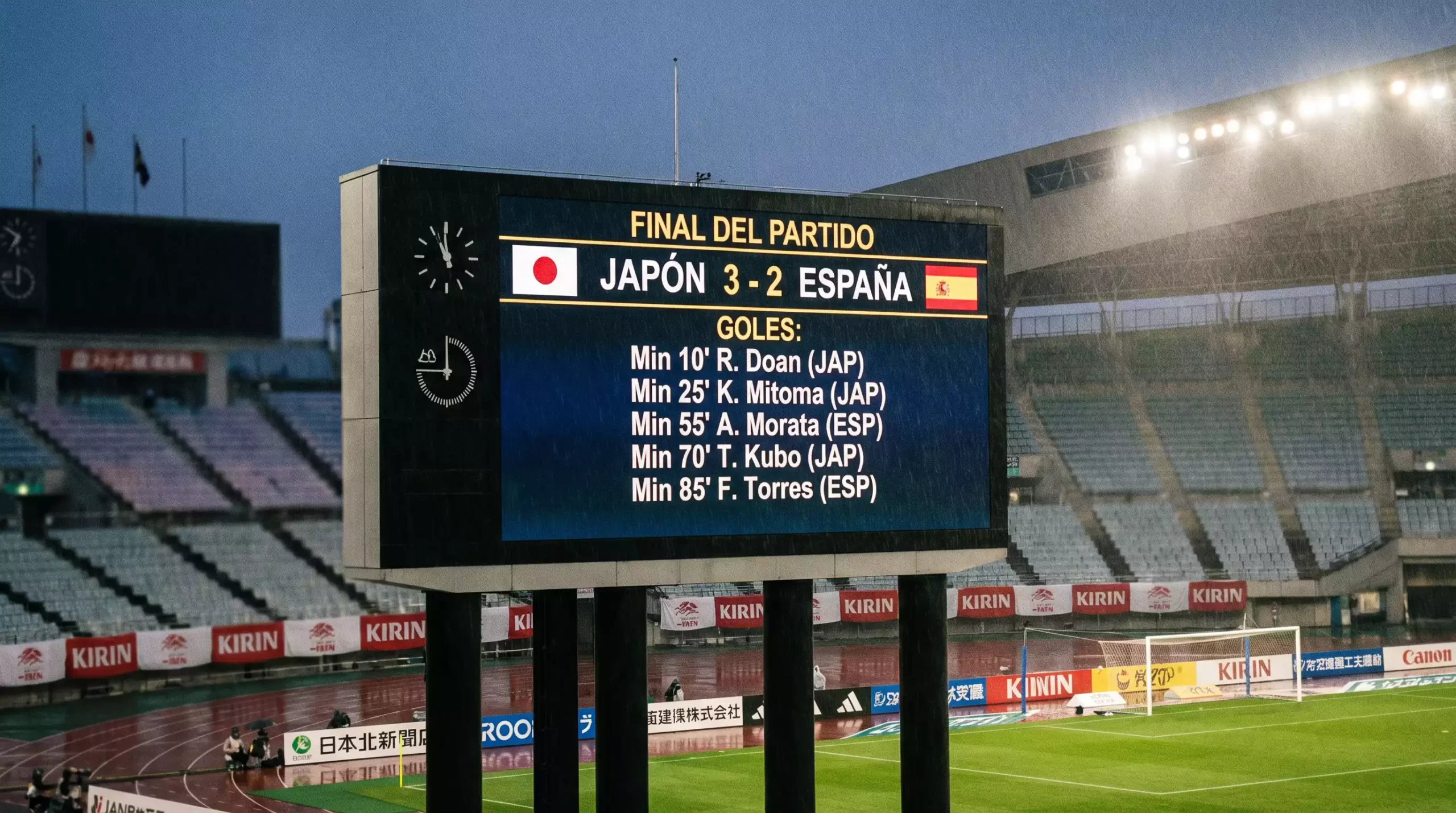 Marcador de un estadio mostrando un resultado en el que ambos equipos han anotado durante un partido de la J.League