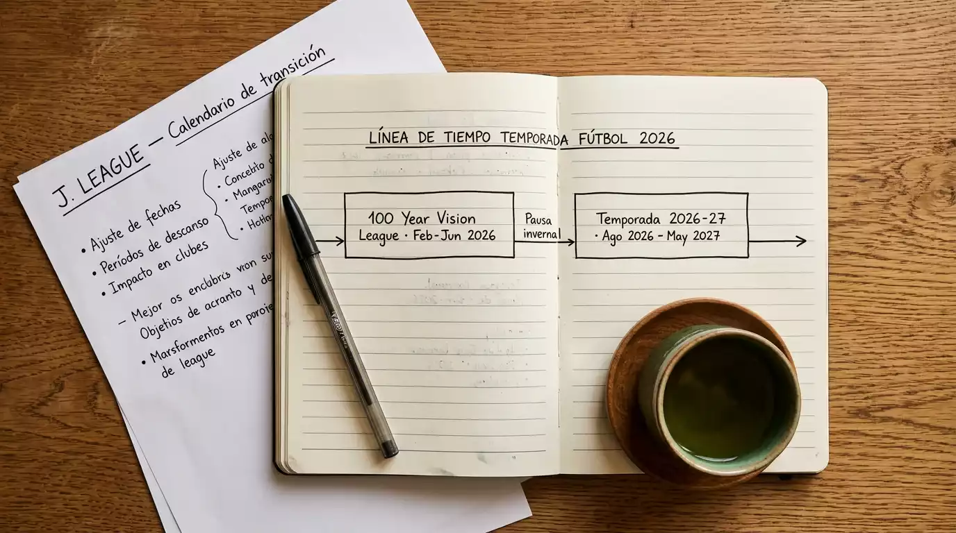 Tablero de planificación con cronograma del 100 Year Vision League y la temporada 2026-27 de la J.League