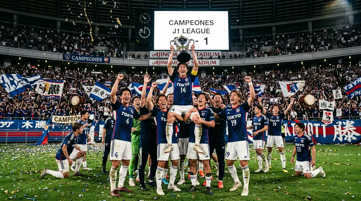 Jugadores de un equipo favorito de la J1 League levantan el trofeo de campeón sobre el césped del estadio
