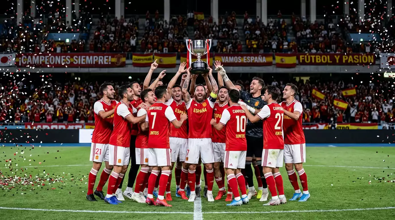 Equipo de fútbol japonés celebrando con trofeo plateado en el centro del campo tras ganar el campeonato