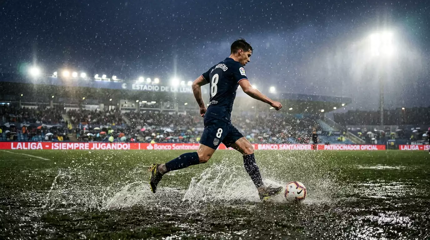 Jugador de fútbol de la J.League bajo la lluvia sobre un césped encharcado durante un partido