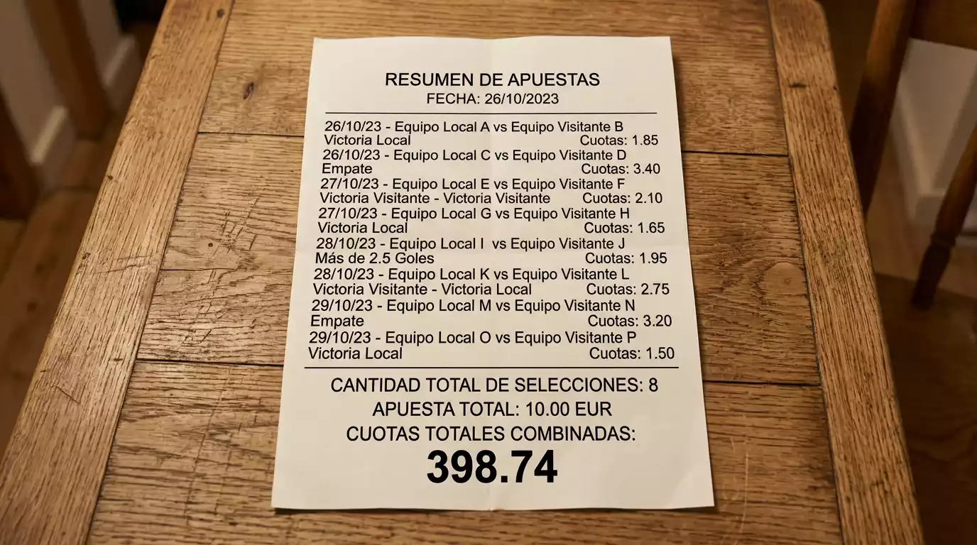 Boleto impreso de combinada deportiva con varios partidos seleccionados y cuota total marcada