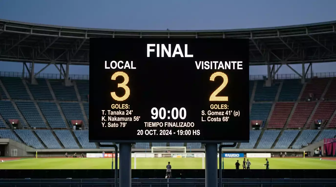 Marcador electrónico de un estadio japonés mostrando un resultado con varios goles totales acumulados