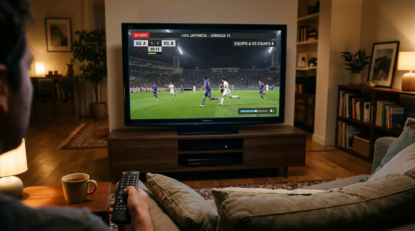 Televisor de salón mostrando un partido de fútbol japonés transmitido por una plataforma de streaming