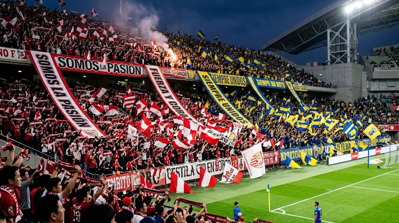Tifo de afición japonesa en la grada de un derbi de la J.League con humo y banderas