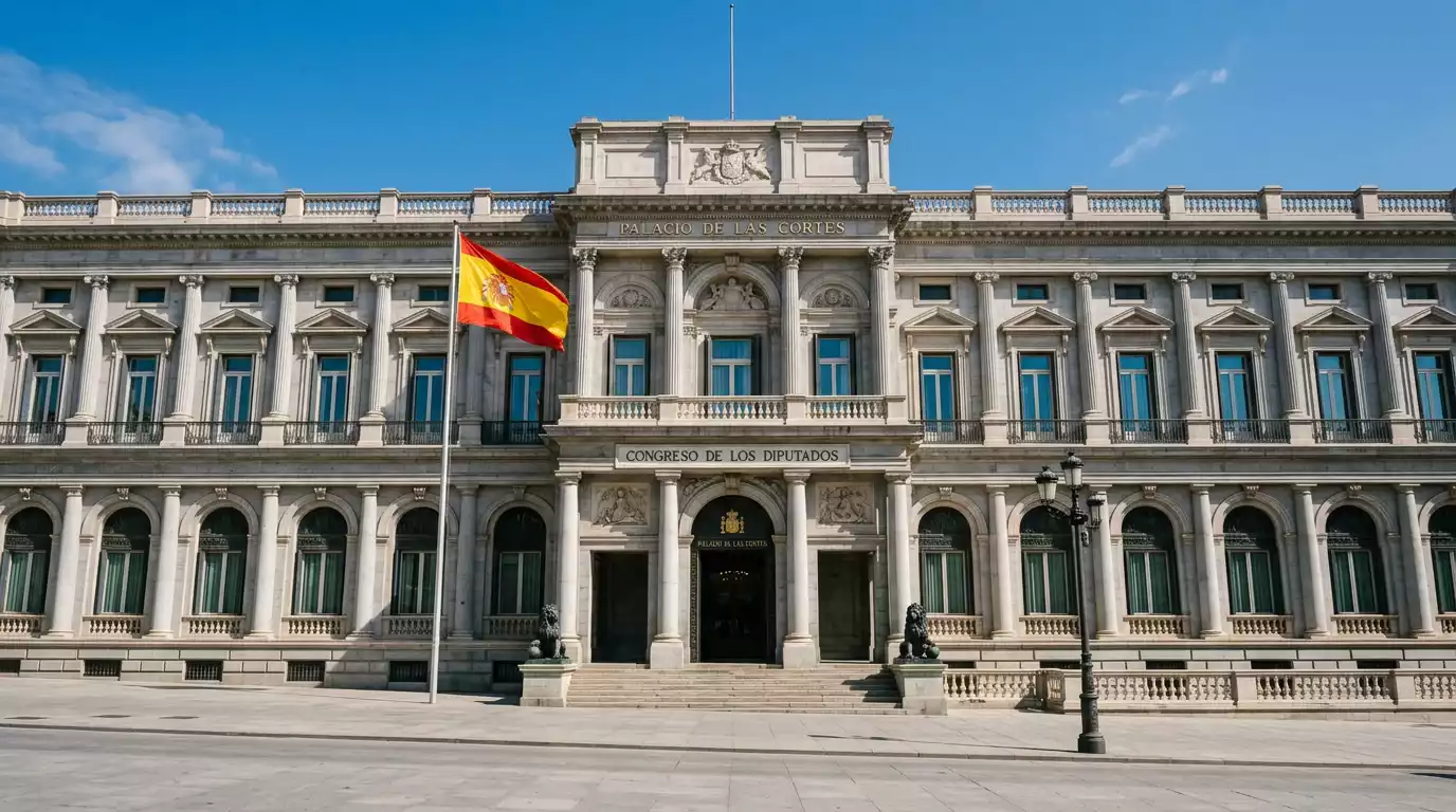 Fachada del edificio institucional del Ministerio en Madrid con placa oficial a la vista