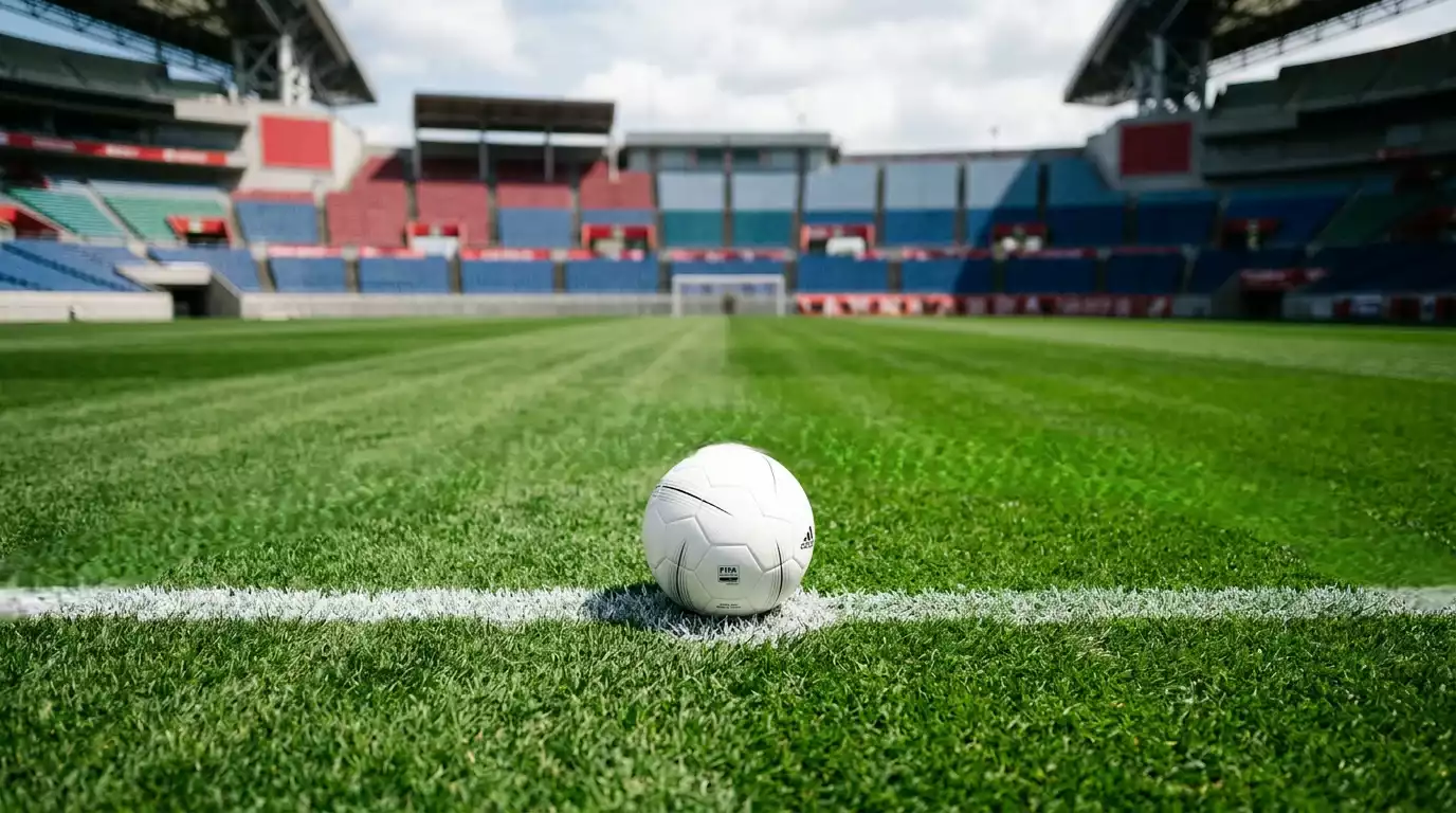 Balón de fútbol blanco sobre el círculo central del campo de un estadio profesional japonés vacío