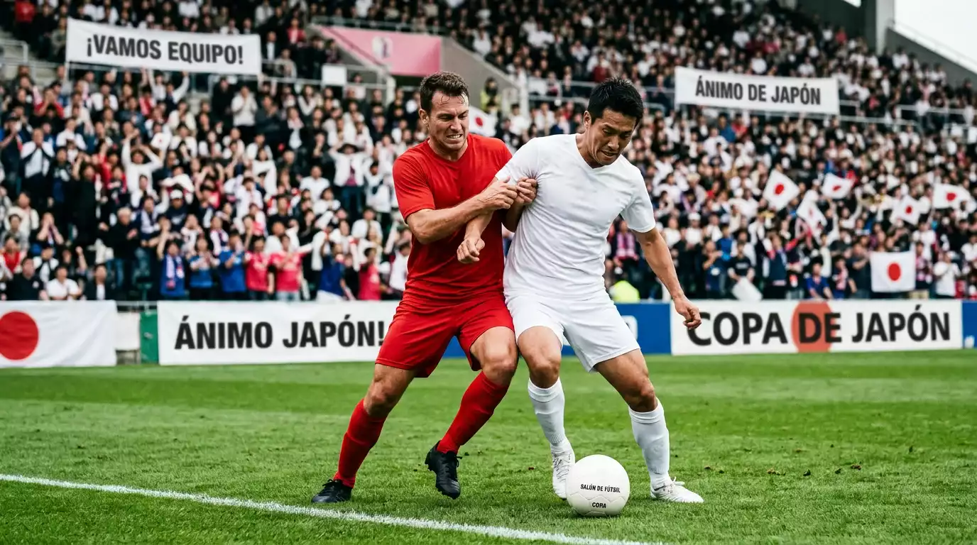 Jugador de fútbol con uniforme rojo disputando un balón en partido de copa con público japonés en gradas