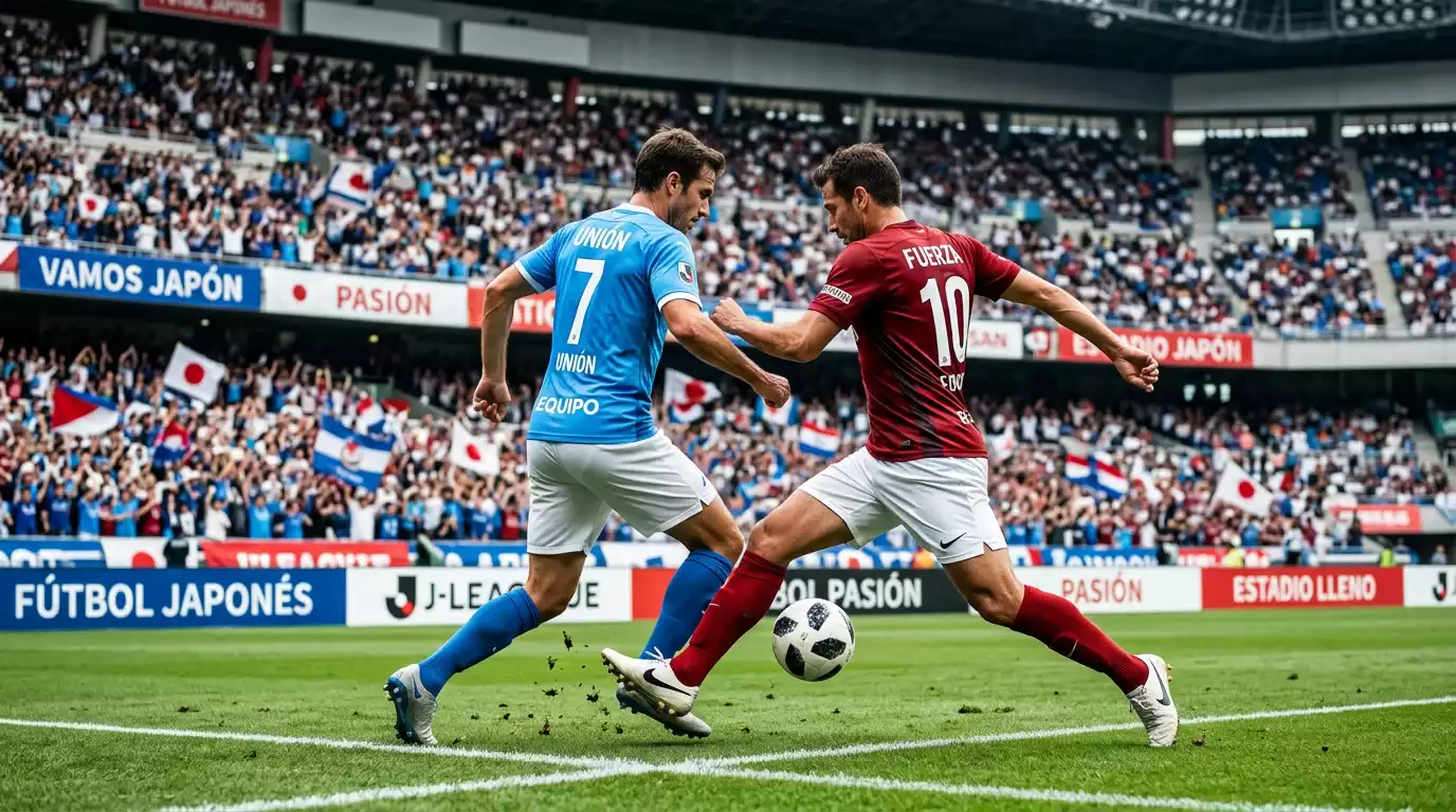 Jugadores profesionales de fútbol disputando un balón sobre césped natural en un estadio de la J1 League