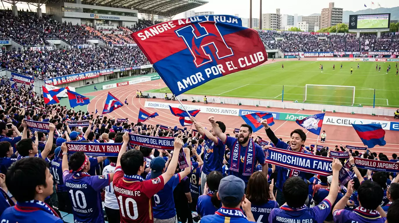 Aficionados del FC Tokyo en el Ajinomoto Stadium con bandera del club