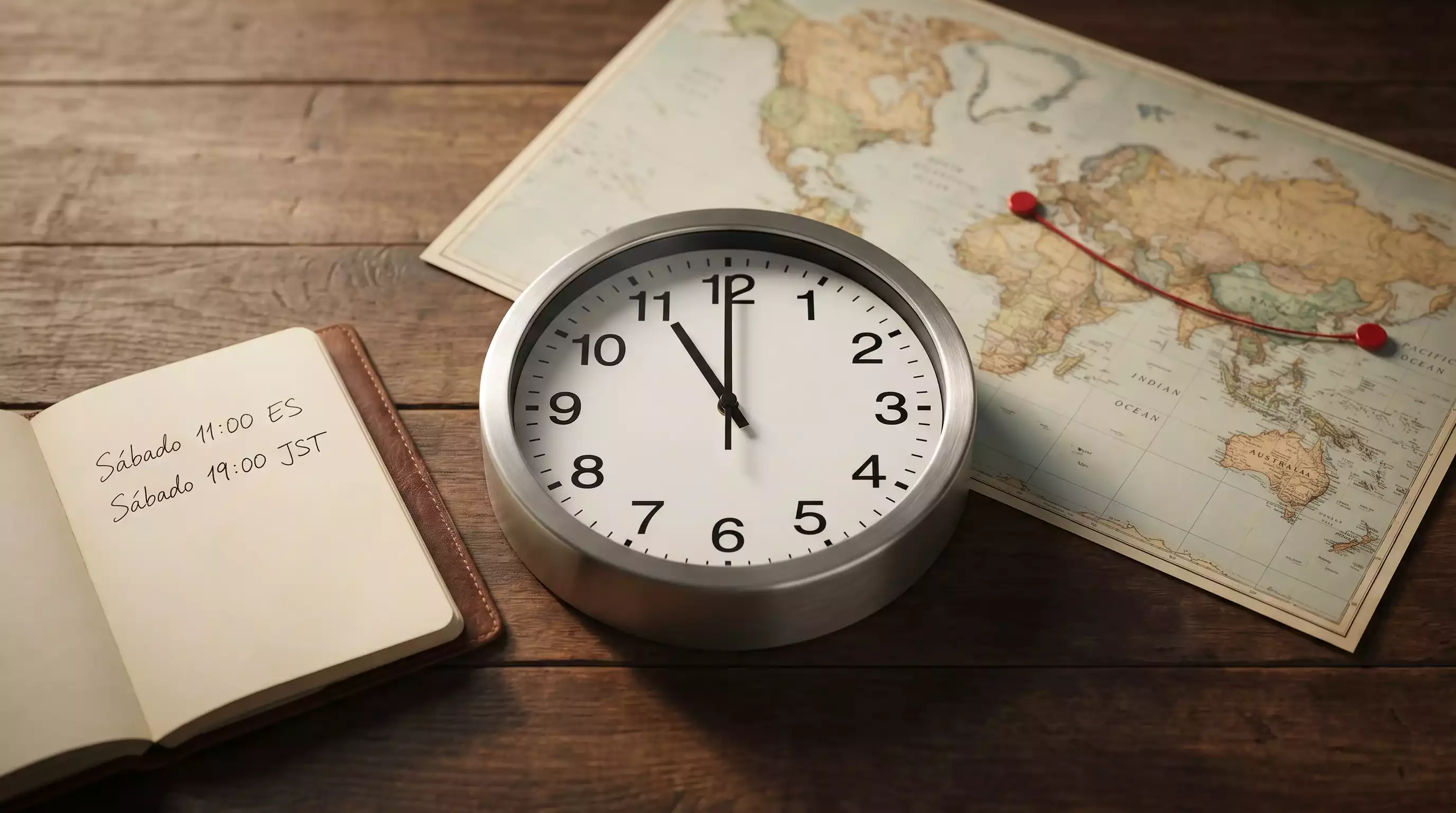 Reloj analógico junto a un mapa que muestra el desfase horario entre España y Japón