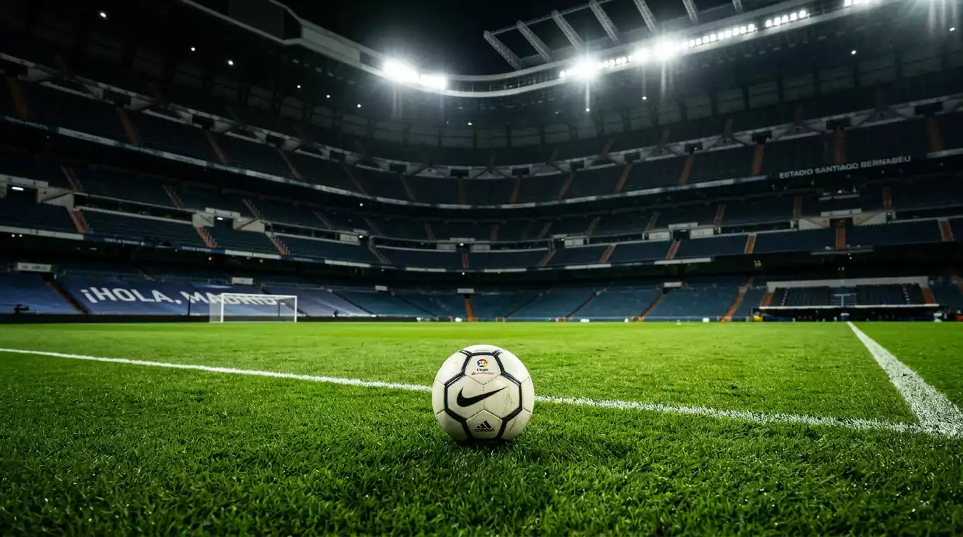 Balón de fútbol sobre el césped de un estadio profesional iluminado de noche