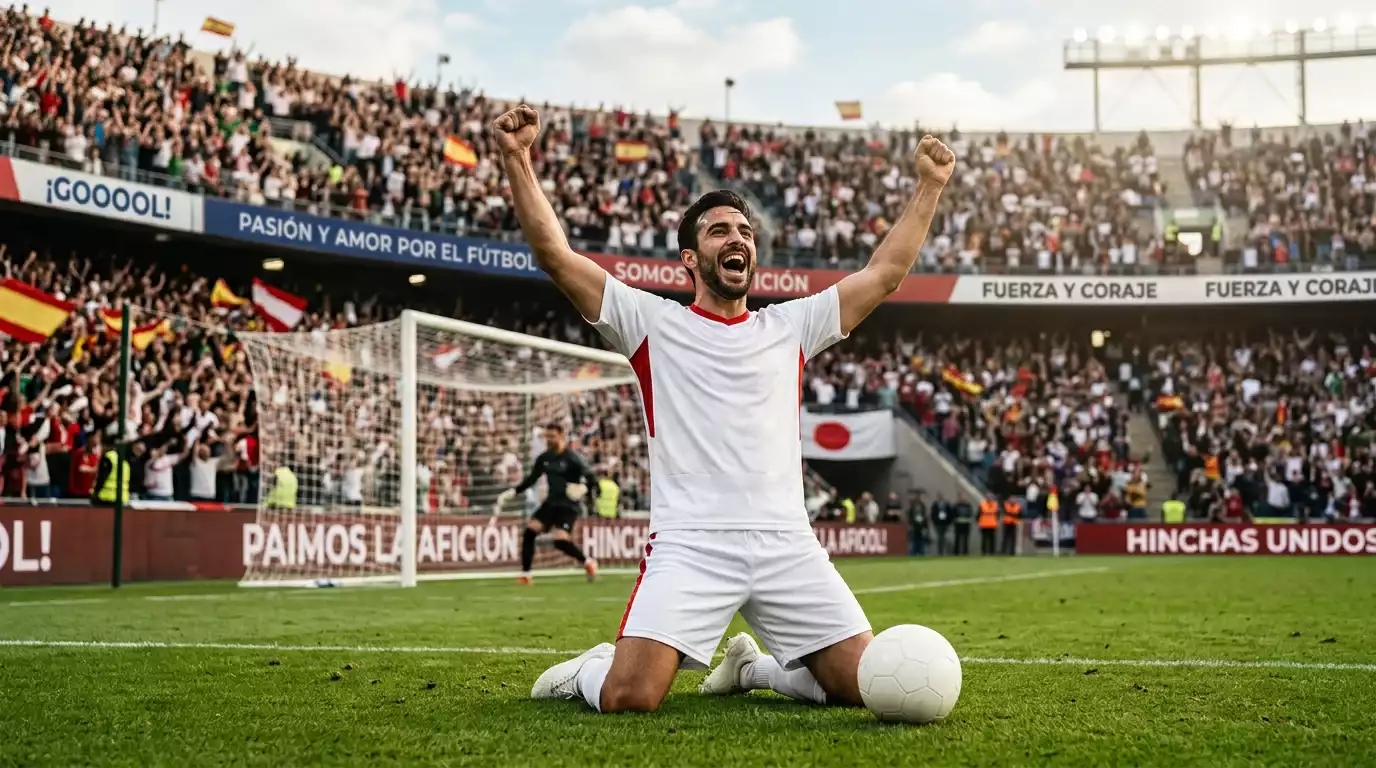 Delantero de fútbol con balón blanco celebrando un gol en un estadio japonés con gradas llenas
