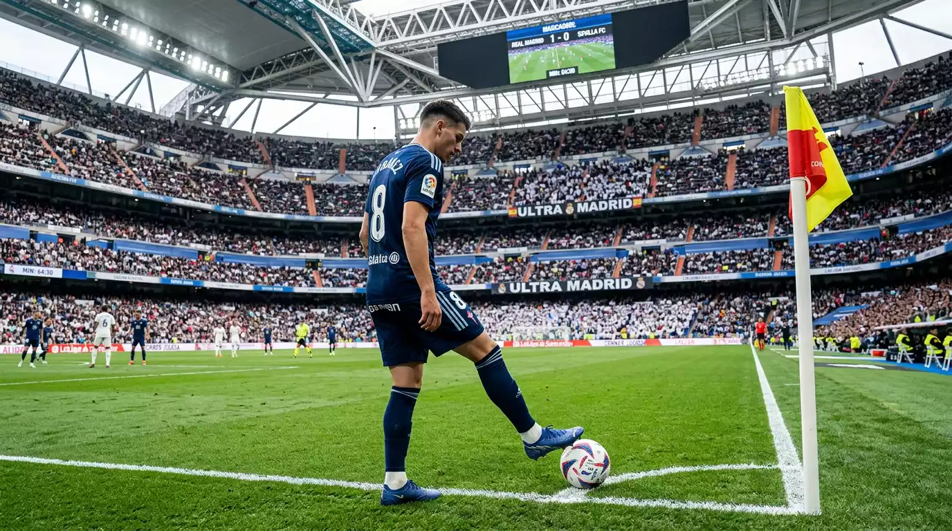 Jugador de fútbol ejecutando un saque de esquina en un estadio de la J.League con público al fondo