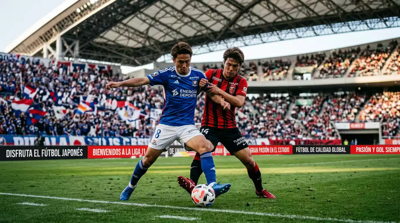 Acción de un partido de fútbol de la J1 League japonesa con disputa cuerpo a cuerpo entre dos jugadores