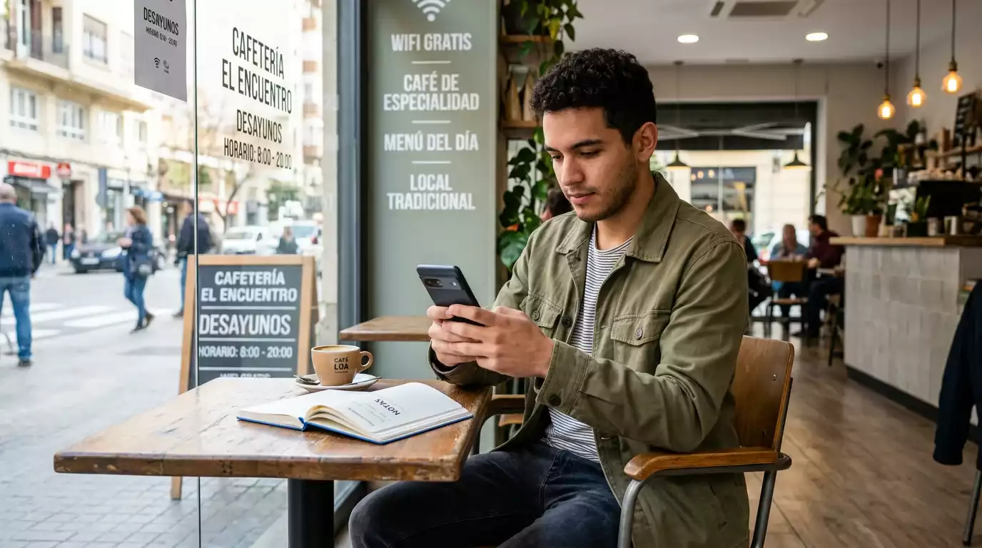 Joven adulto consultando el móvil sentado en un café con un portátil abierto sobre la mesa
