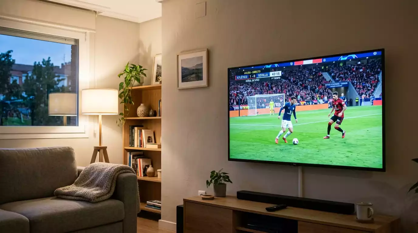 Televisión encendida en un salón mostrando un partido de fútbol sin publicidad de apuestas en pantalla