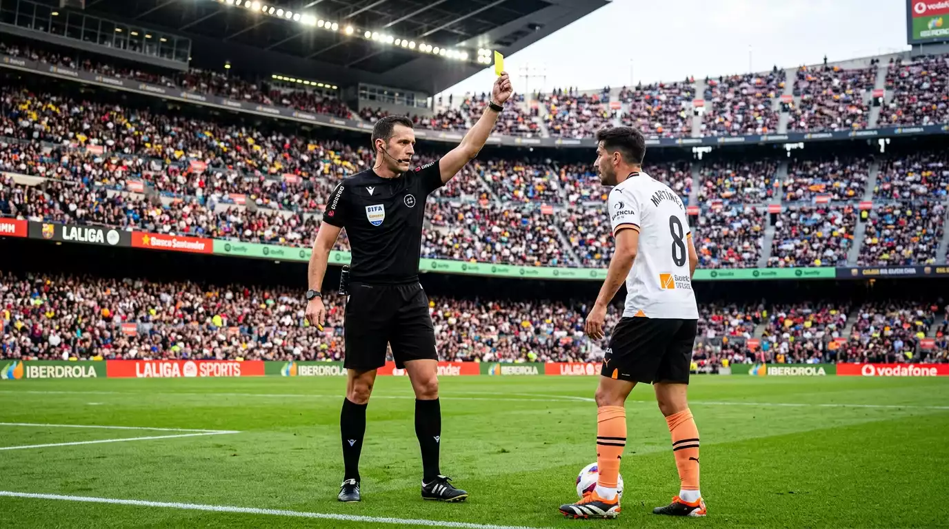 Árbitro de fútbol mostrando una tarjeta amarilla a un jugador durante un partido de la J.League