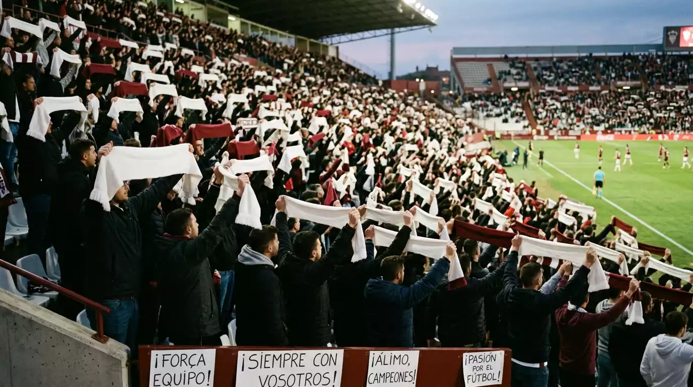 Aficionados con bufandas blancas y granates en las gradas de un estadio de fútbol japonés