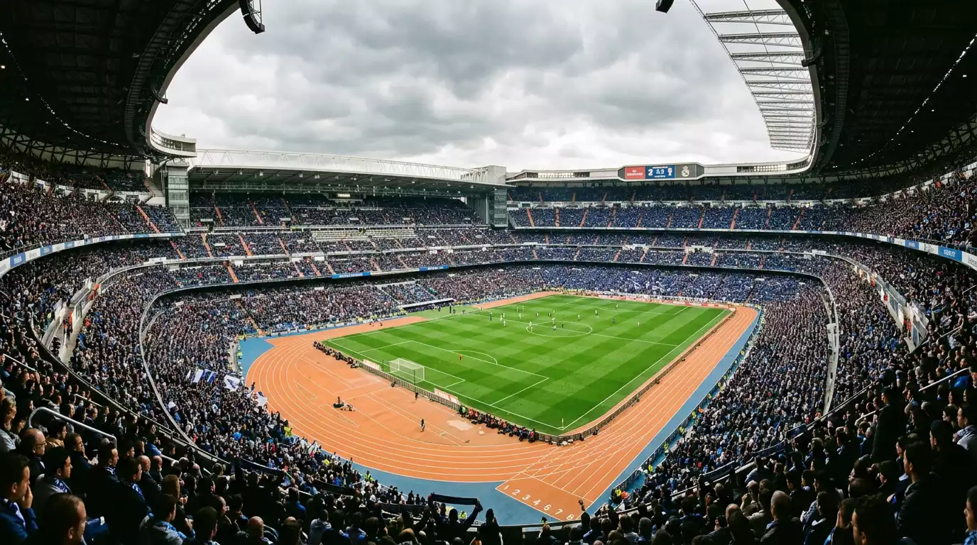 Vista panorámica del interior de un gran estadio de fútbol con pista de atletismo y gradas llenas de aficionados